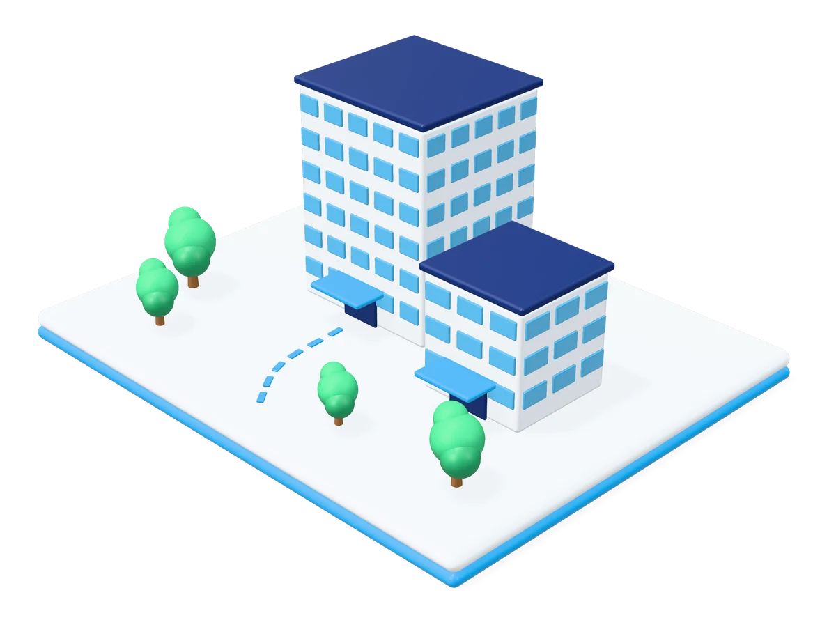3D illustration of an office building with trees