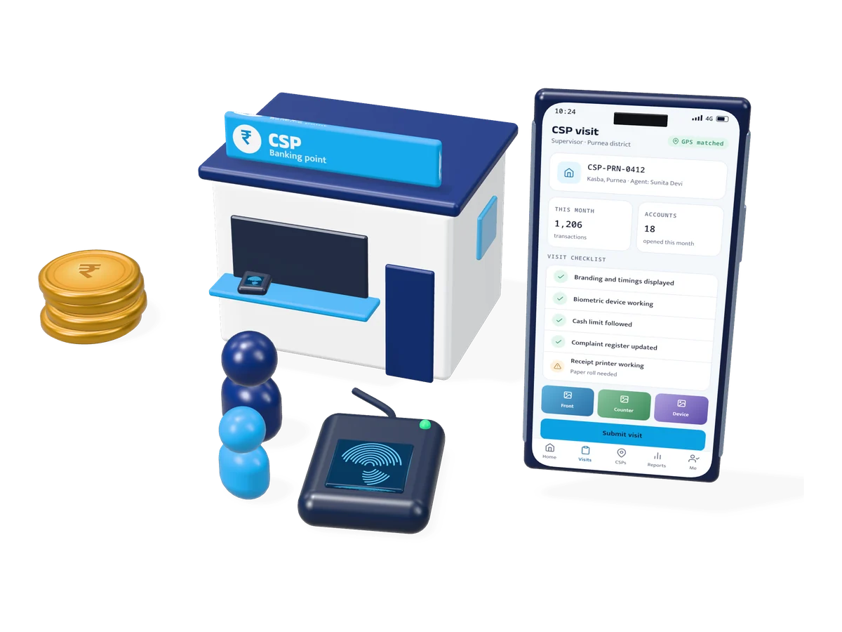 3D illustration of a bank CSP kiosk with a fingerprint scanner, a supervisor visit app and coins