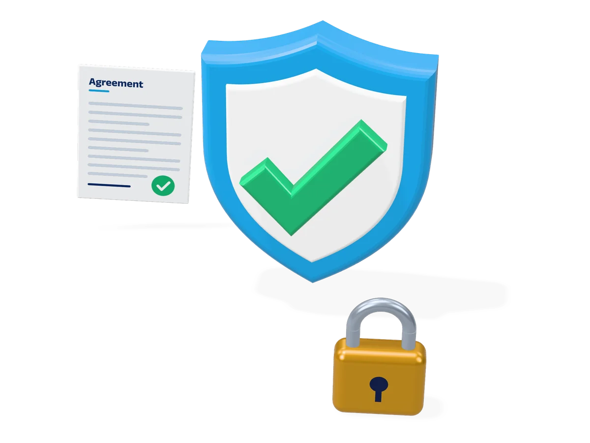 3D illustration of a shield with a check mark, a signed agreement and a padlock