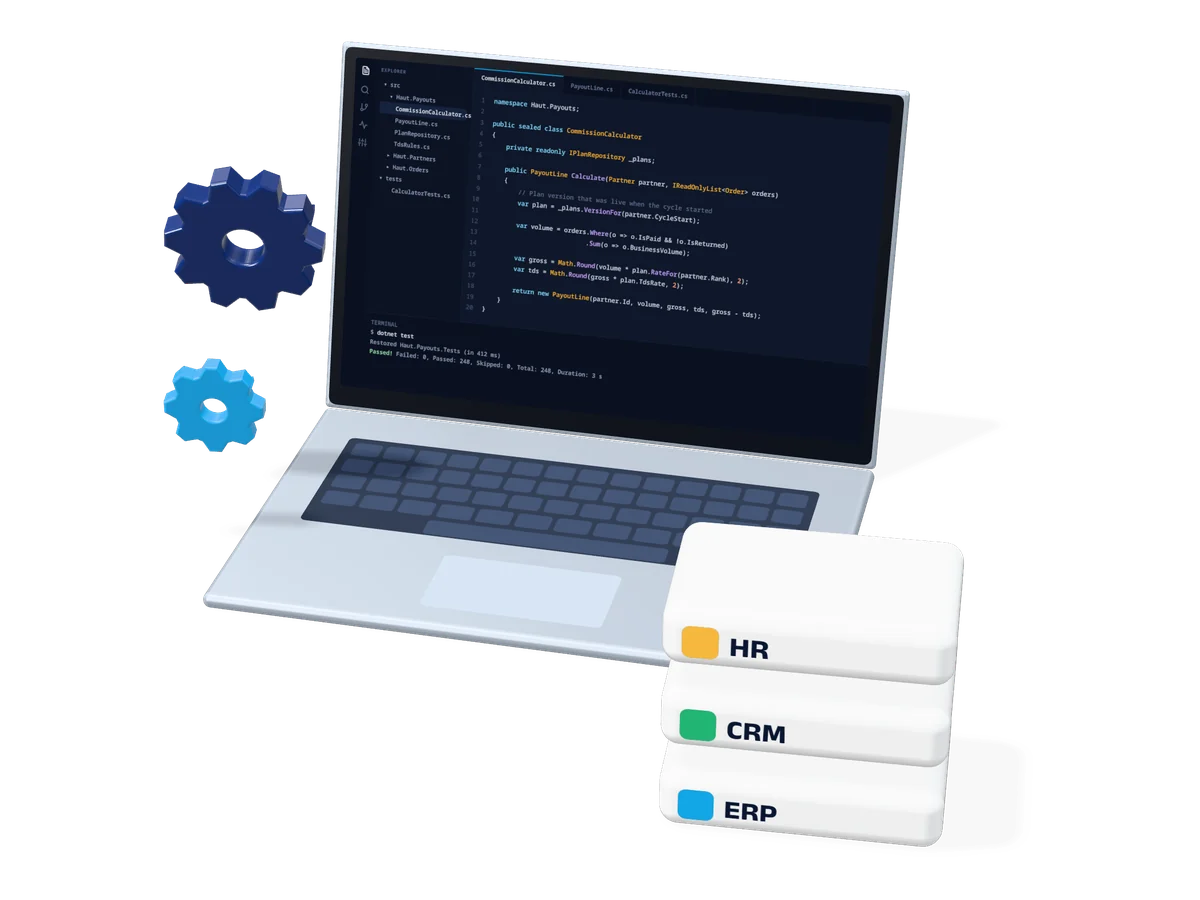 3D illustration of a laptop showing code, with ERP, CRM and HR modules