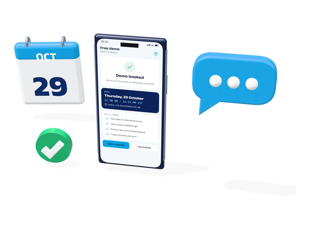 3D illustration of a calendar next to a phone showing a demo booking confirmation