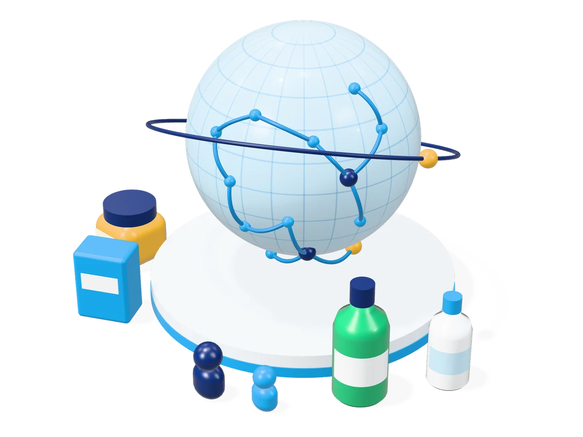 3D illustration of a globe with a branching sales network above wellness products