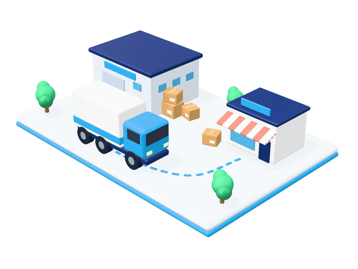 3D illustration of a delivery truck travelling from a warehouse to a retail shop