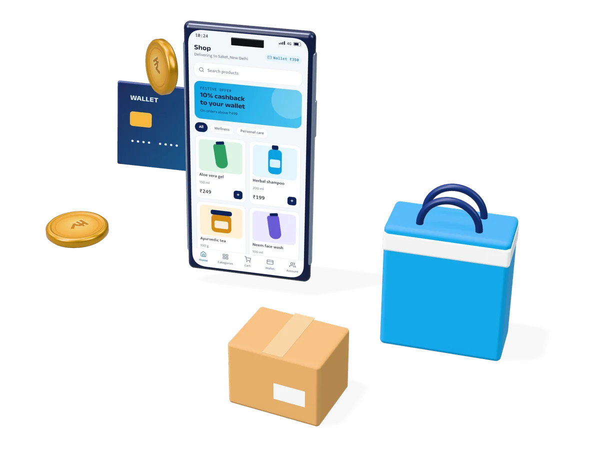 3D illustration of a shopping app with a wallet card, shopping bag and parcel