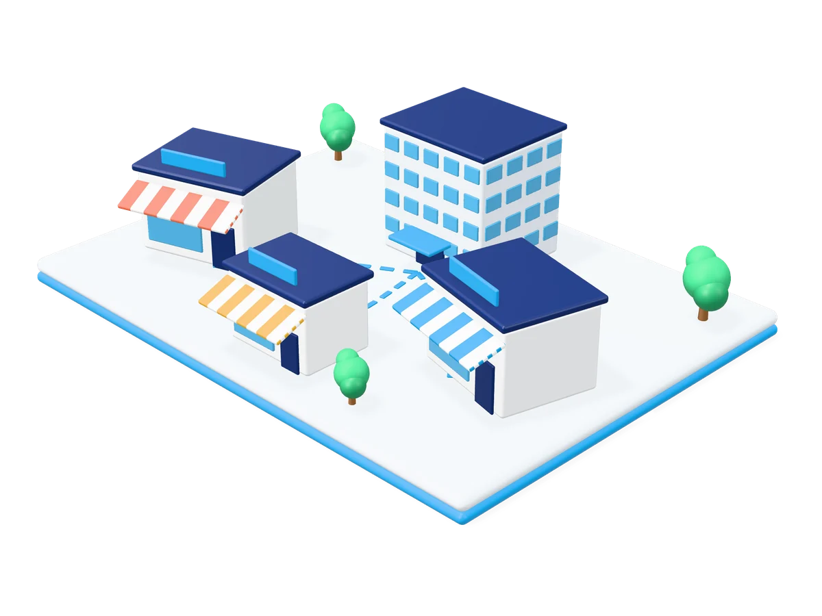 3D illustration of a head office connected to three franchise outlets
