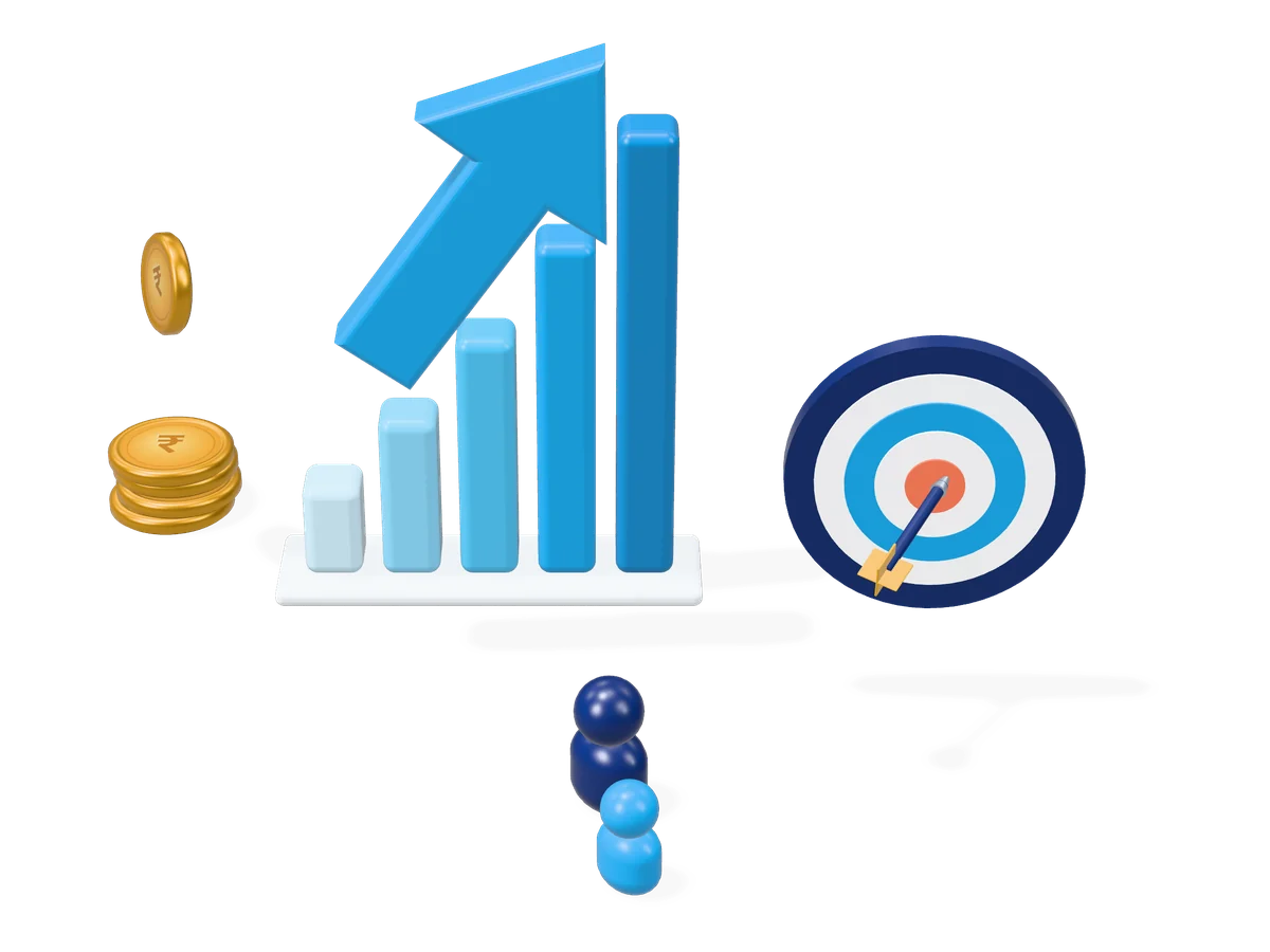 3D illustration of a rising bar chart with an upward arrow, a target board and coins