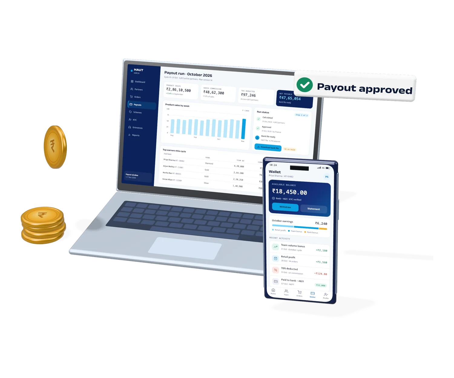 Laptop showing a payout run dashboard and a phone showing a partner wallet, with coins and a payout approved badge