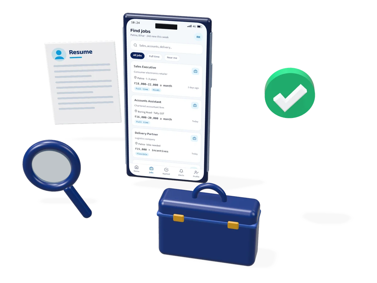 3D illustration of a job search app on a phone, with a resume, a briefcase and a magnifier