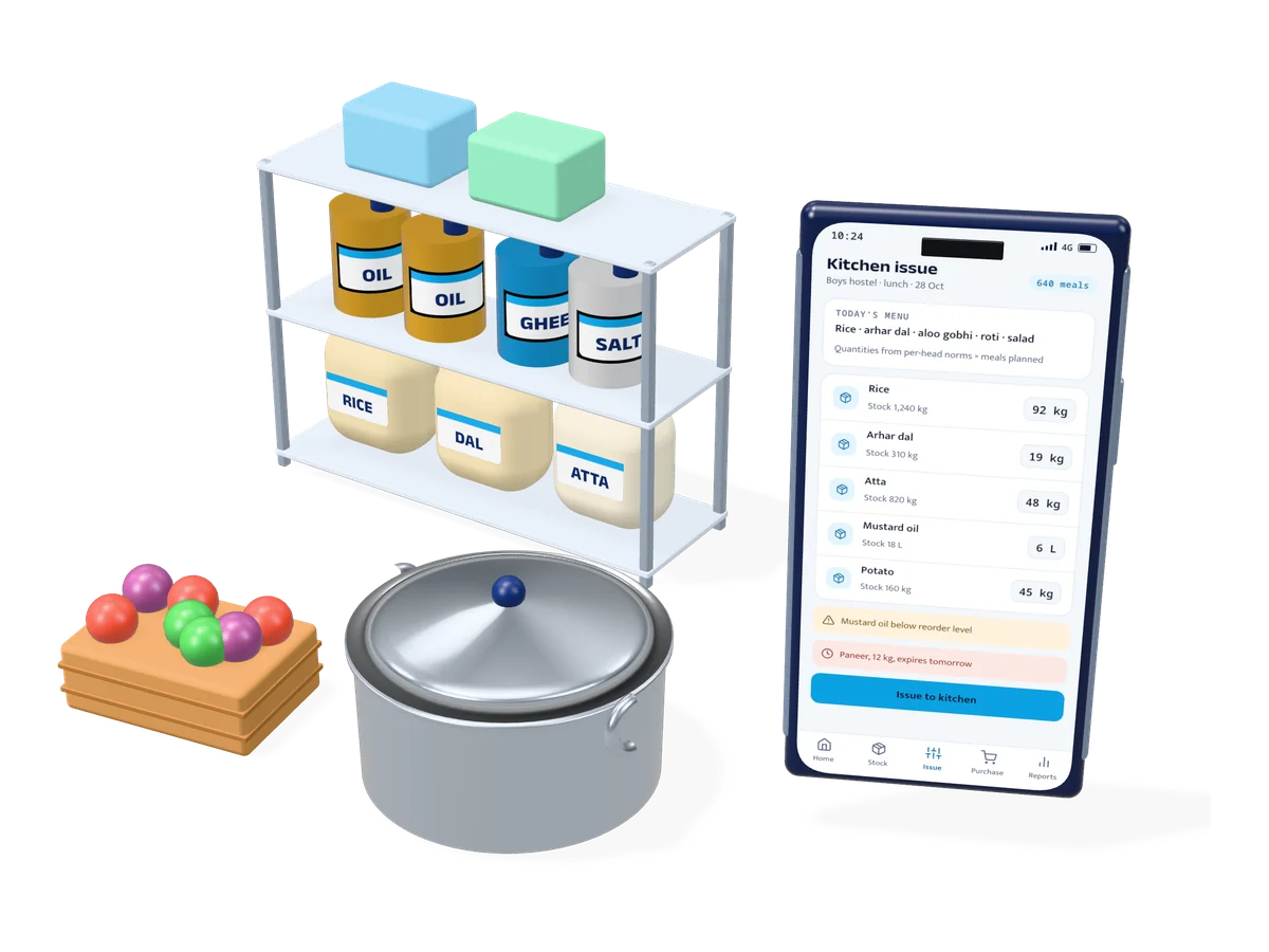 3D illustration of a store rack with rice, dal and atta sacks and oil tins, a cooking pot, a vegetable crate and a kitchen stock app