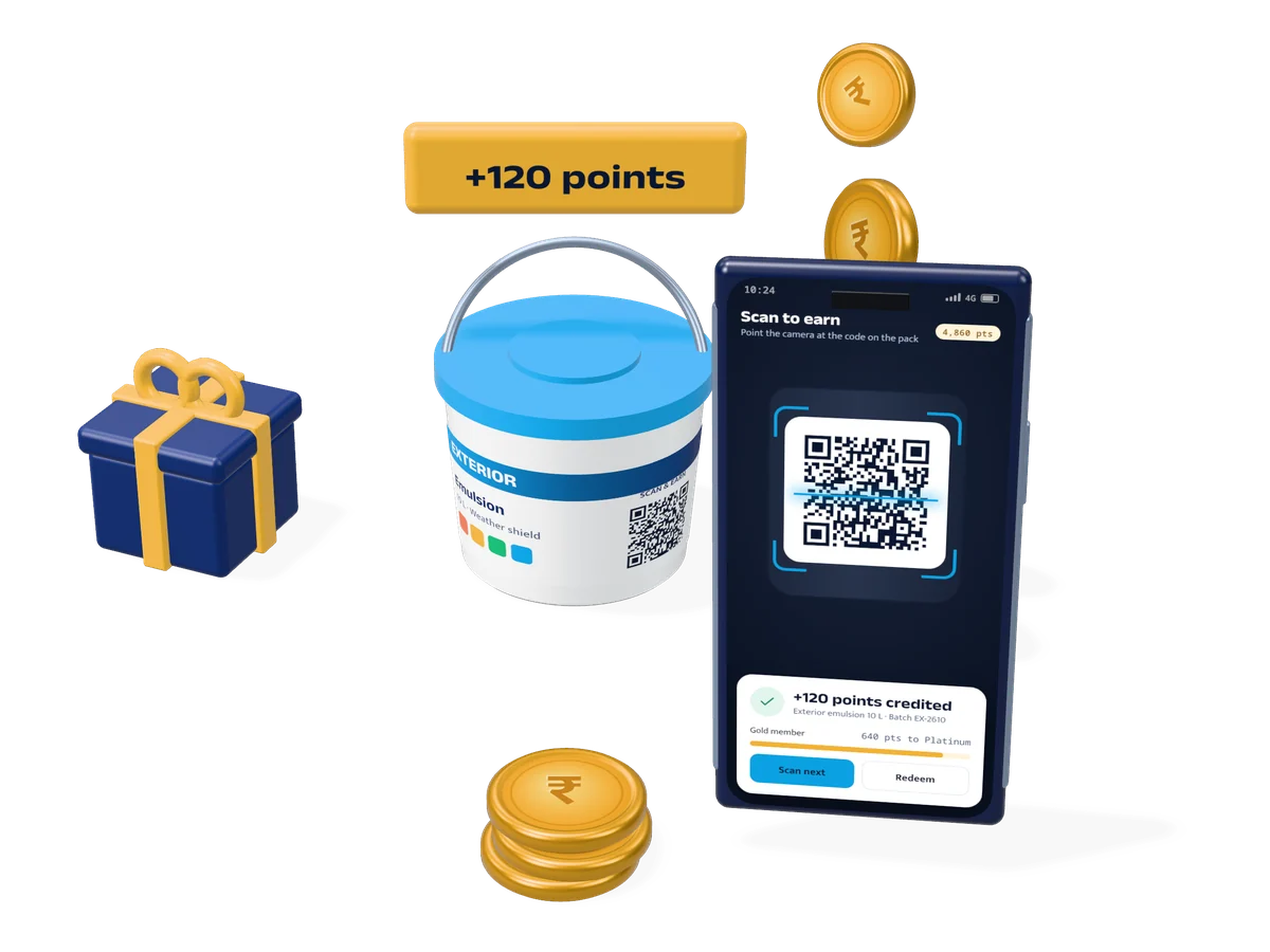 3D illustration of a phone scanning the QR code on a paint bucket, with points and coins