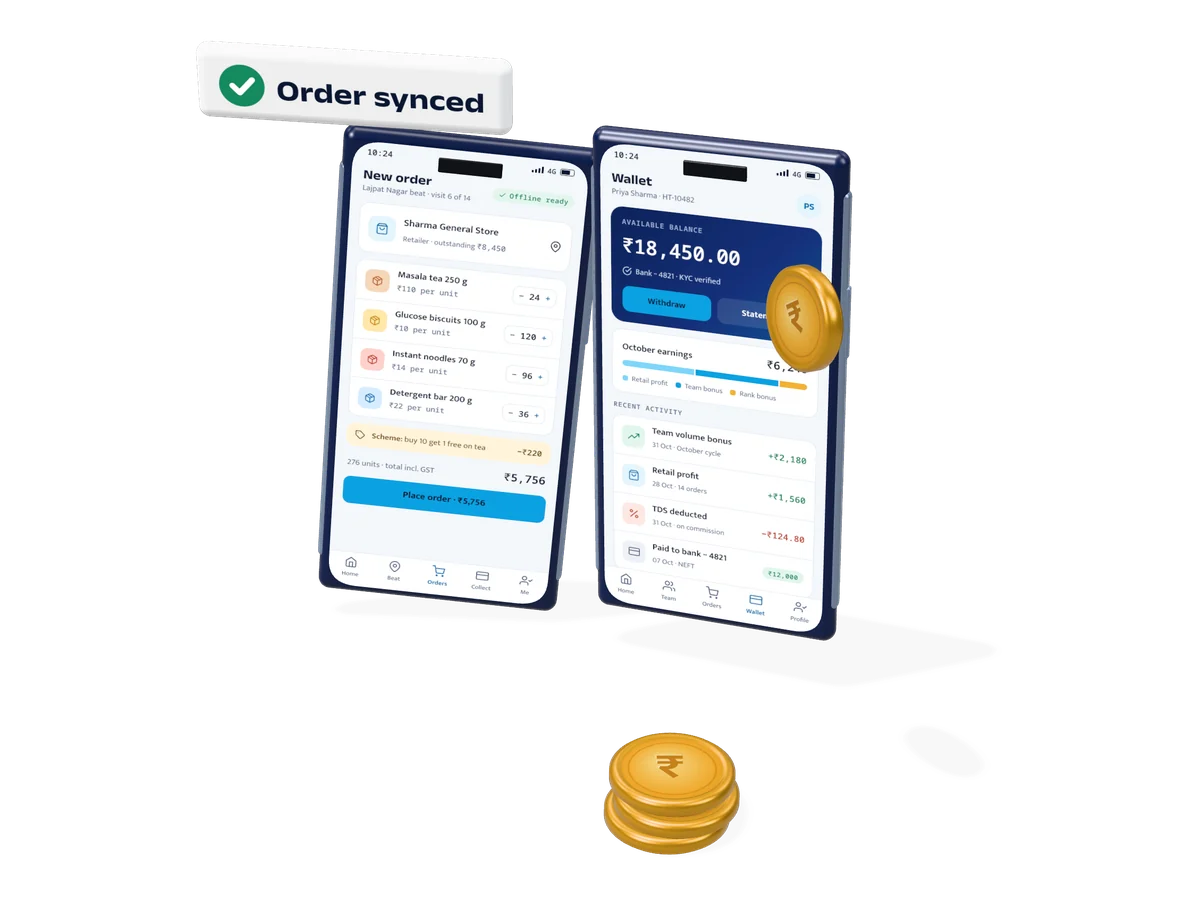 3D illustration of two phones showing an order booking app and a partner wallet
