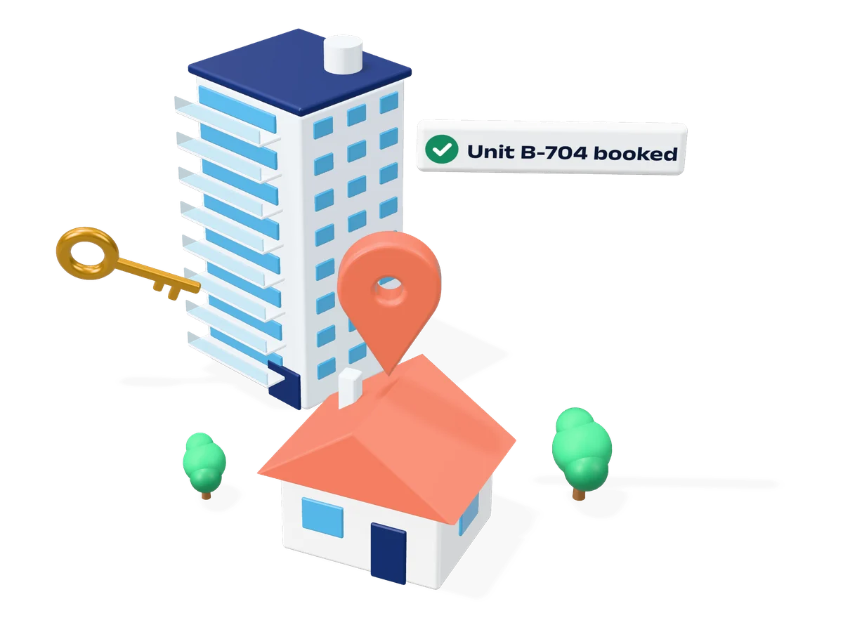 3D illustration of an apartment tower and a house with a location pin, a key and a unit booked badge