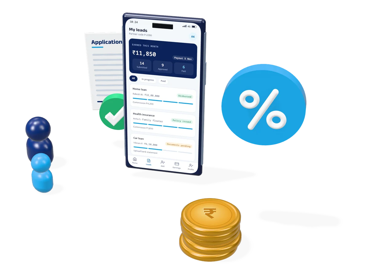3D illustration of a partner app showing leads, with an application form, coins and a percentage badge