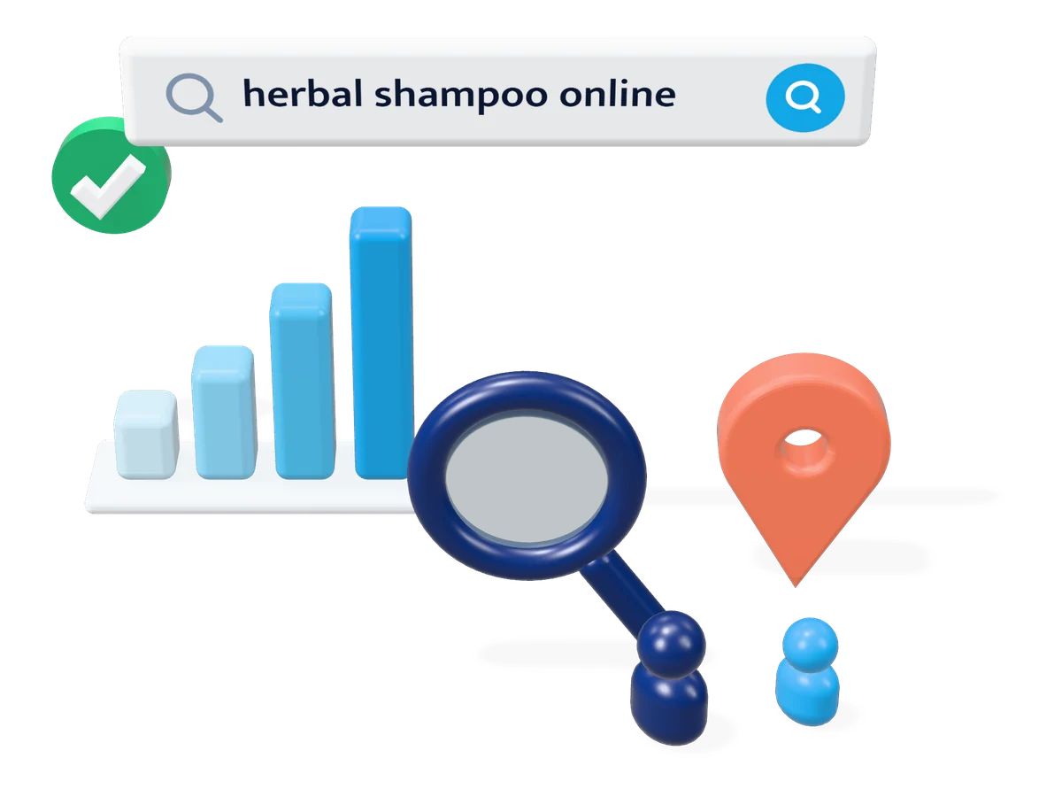 3D illustration of a search bar above a rising bar chart, with a magnifier and a location pin