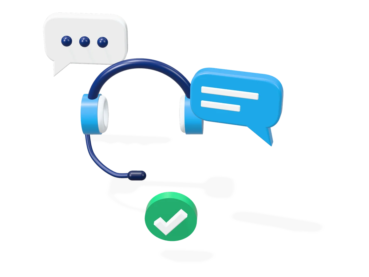 3D illustration of a support headset with chat bubbles and a resolved check mark