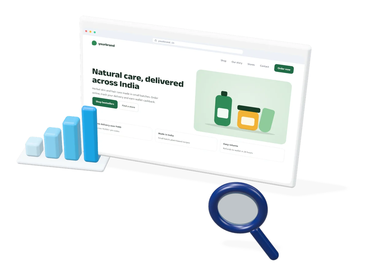 3D illustration of a website in a browser window with a growth chart and a magnifier