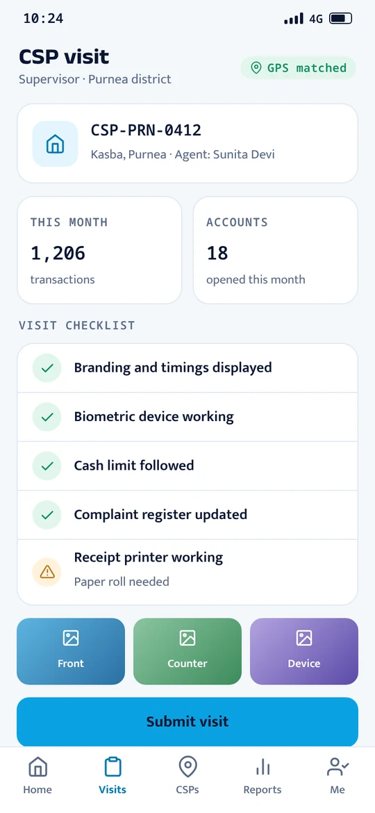 Supervisor app with the visit checklist for a CSP in Purnea