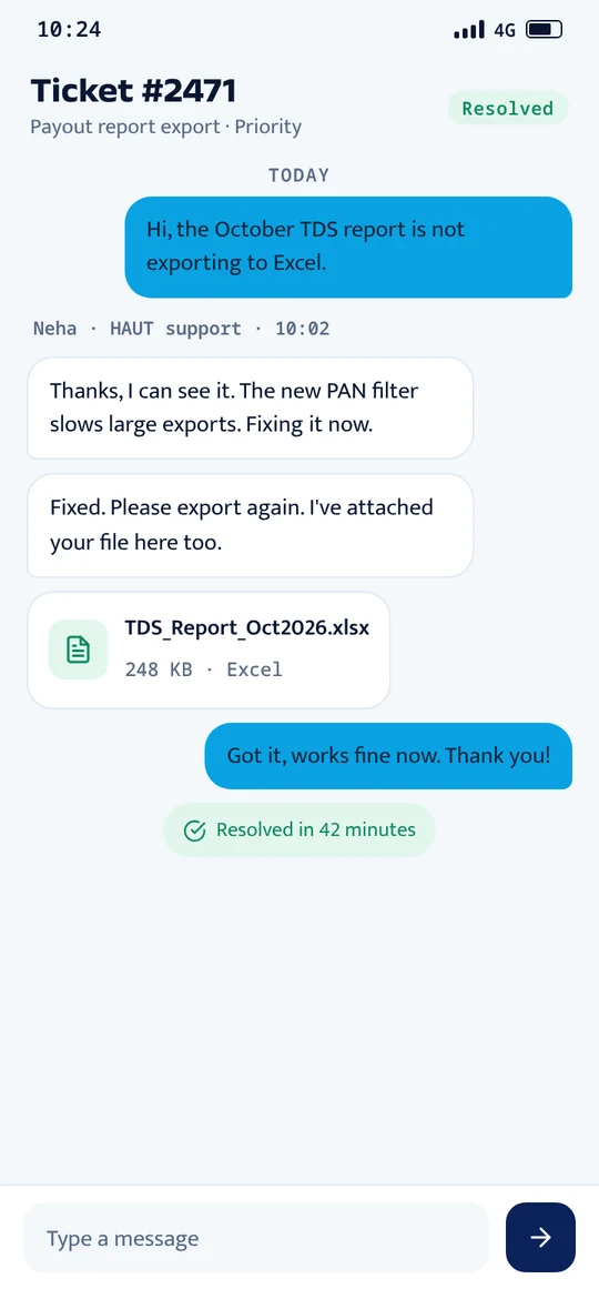 Support ticket conversation resolved in 42 minutes