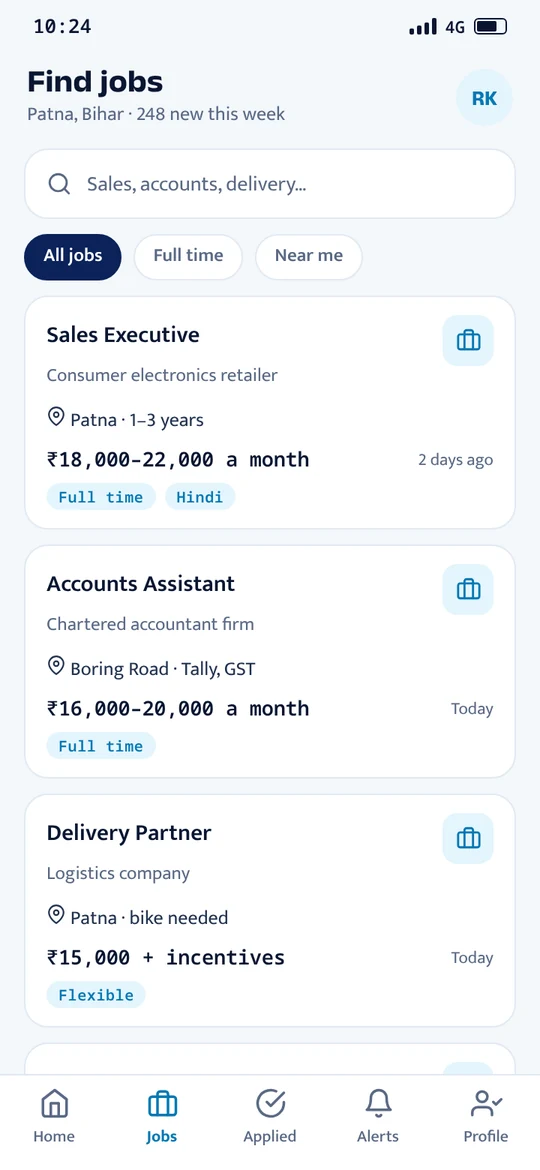 Job portal app listing jobs in Patna with salary and location