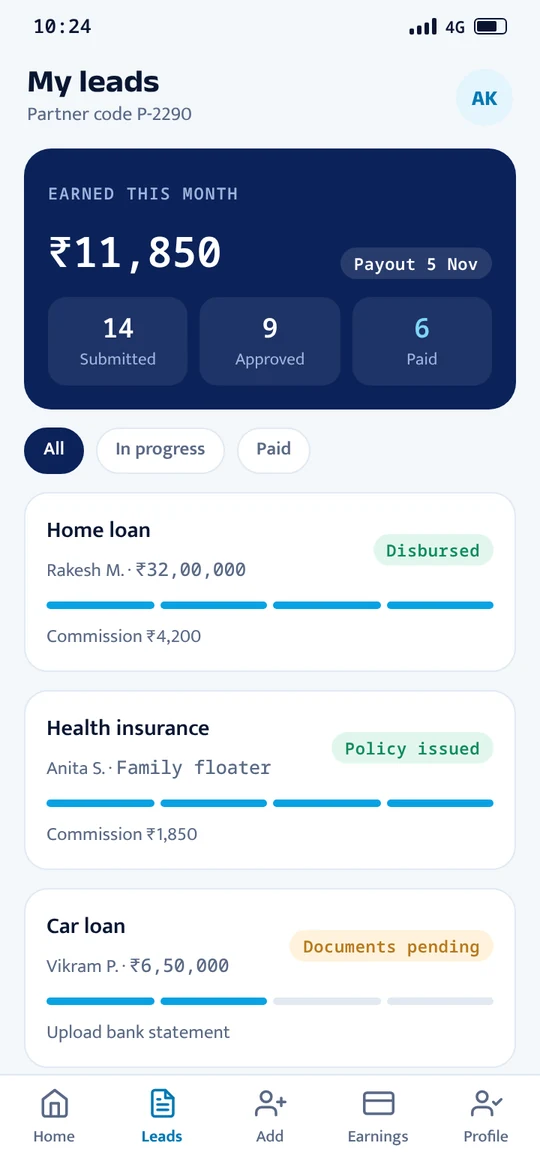 Partner app listing leads with their status and commission