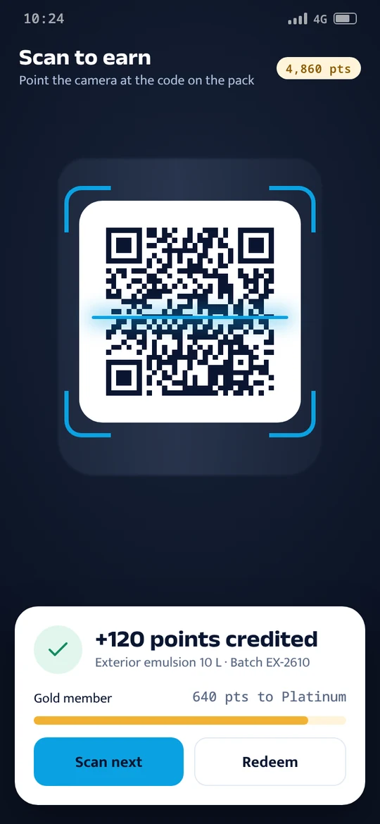 Loyalty app scanning a QR code and crediting 120 points