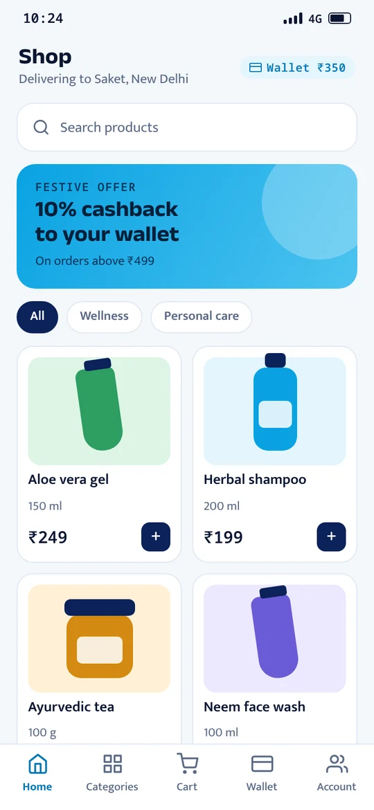 Shopping app with wallet balance, an offer banner and products