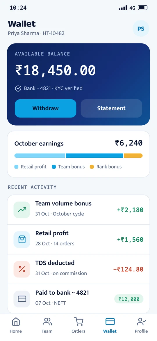 Partner app wallet with balance, earnings and recent credits