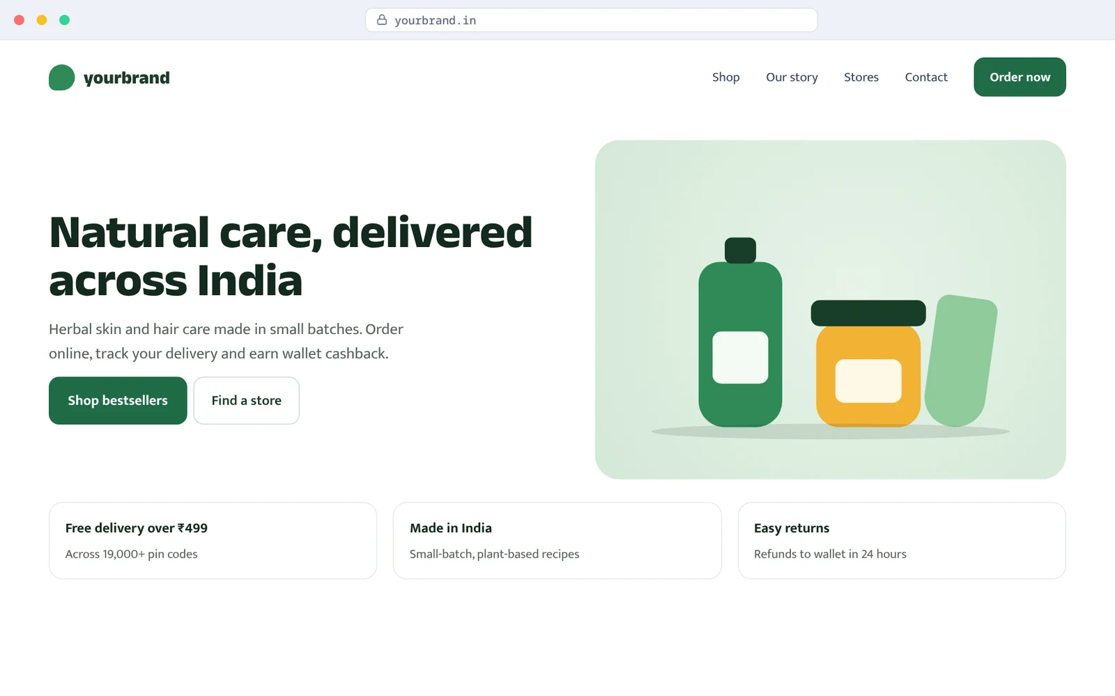 Sample brand website with a hero section, products and delivery benefits